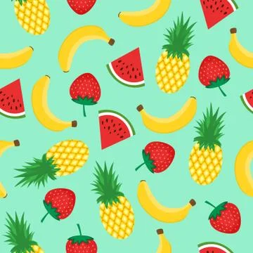 Seamless pattern with yellow bananas, pineapples, watermelon and strawberries Stock Illustration