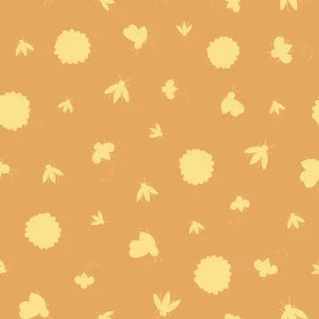 Seamless pattern yellow bees and flowers silhouettes on orange background Stock Illustration