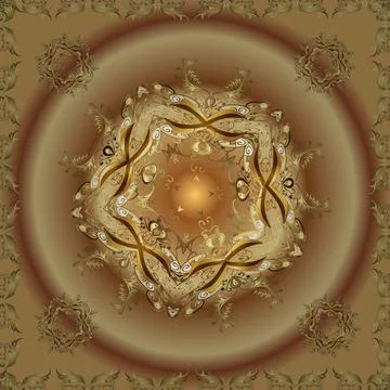 Seamless pattern on yellow, beige and brown colors with golden elements. Traditi Stock Illustration