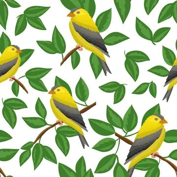 Seamless pattern with yellow birds and leaves, vector illustration. Illustrazione stock