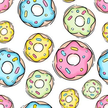 Seamless pattern with yellow, blue and purple donuts, hand draw illustration Stock Illustration
