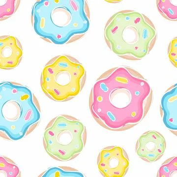 Seamless pattern with yellow, blue and purple donuts, hand draw illustration 스톡 일러스트