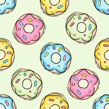 Seamless pattern with yellow, blue and purple donuts, hand draw illustration Stock Illustration