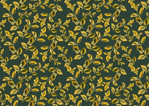 Seamless pattern with  yellow branches on a green background. Floral patter.. Stock Illustration