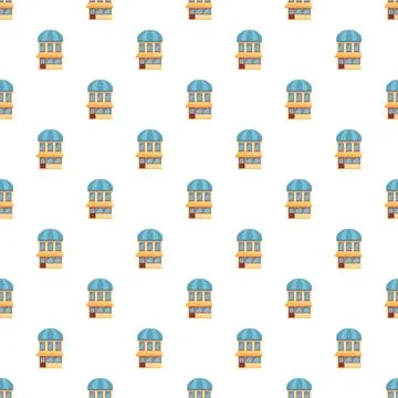 Seamless pattern of yellow cartoon stores with blue awnings Ilustración de archivo