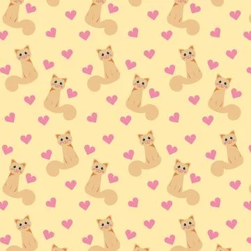 Seamless pattern with yellow cats and pink hearts on yellow background. Vector Illustrazione stock