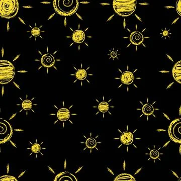 Seamless pattern with yellow chalk drawn different suns Stock Illustration