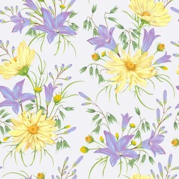 Seamless pattern with yellow chamomile flowers, blue bluebells flowers and oat Stock Illustration