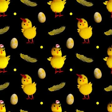 Seamless pattern of yellow chicks with feathers isolated on a black backgroun Stock Illustration