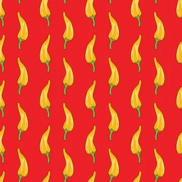 Seamless pattern with yellow chillies or pepper on a red background. Stock Illustration