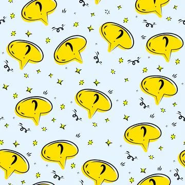 Seamless pattern with yellow color question marks in bubbles on blue background Illustrazione stock