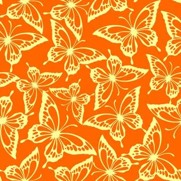 Seamless pattern of yellow contours of butterflies on an orange background,.. Stock Illustration