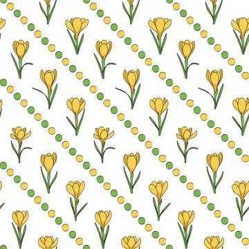 Seamless pattern with yellow crocus flowers, saffron Stock Illustration