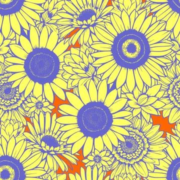 Seamless pattern of yellow daisies with a blue outline on an orange backgro.. Stock Illustration