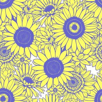 Seamless pattern of yellow daisies with a blue outline on a white backgroun.. Illustrazione stock