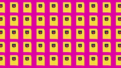Seamless pattern of yellow document icons with red heart symbols on a vibra.. Ilustração Stock