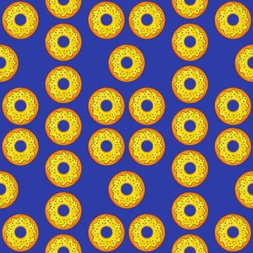 Seamless pattern of yellow donuts on a blue background. Confectionery sweets top Stock Illustration