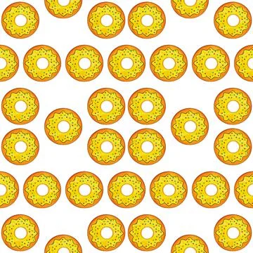 Seamless pattern of yellow donuts on a white isolated background. Confectionery Stock Illustration