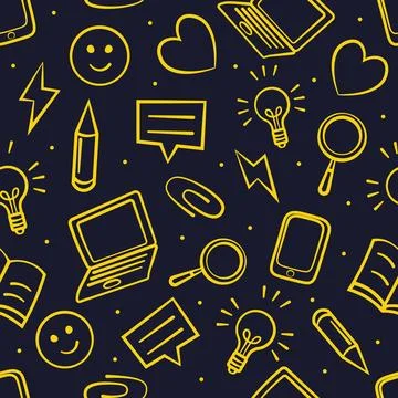 Seamless pattern with yellow doodle icons representing education and creativi 스톡 일러스트