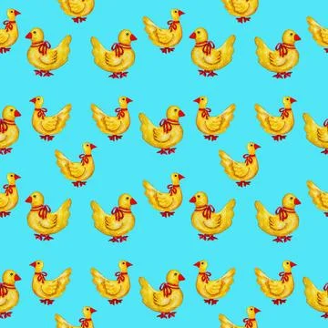 Seamless pattern with yellow ducks with red paws. Watercolor drawings East... 스톡 사진