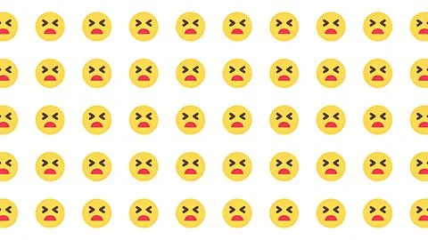Seamless pattern of yellow exhausted emoji faces with crossed eyes on white.. Stock Illustration