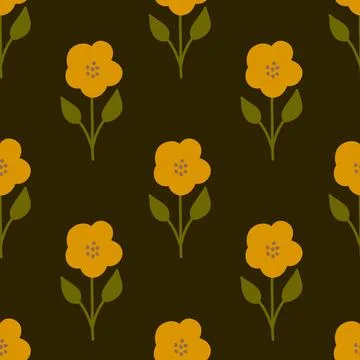 Seamless pattern yellow flower flat simple hand drawn on dark background Stock Illustration