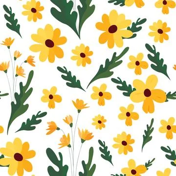 Seamless pattern with yellow flowers and green leaves on a white background. A Stock Illustration