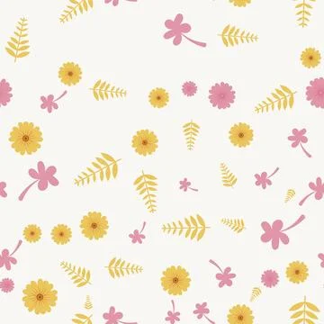 Seamless pattern with yellow flowers and pink clover leaves isolated on whi.. Stock Illustration