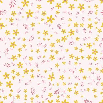 Seamless pattern with yellow flowers and pink leaves on light pink Stock Illustration