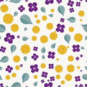 Seamless pattern with yellow flowers, purple flowers and blue leaves Illustration