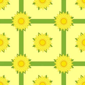 Seamless pattern of yellow flowers with ribbons and leaves on a light yellow  Stock Illustration