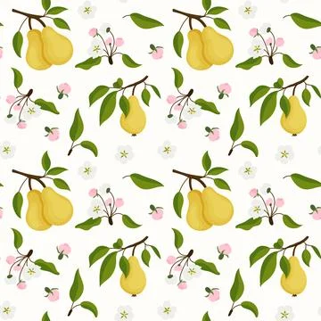 Seamless pattern with yellow fresh on brunch tree with flowers Stock Illustration