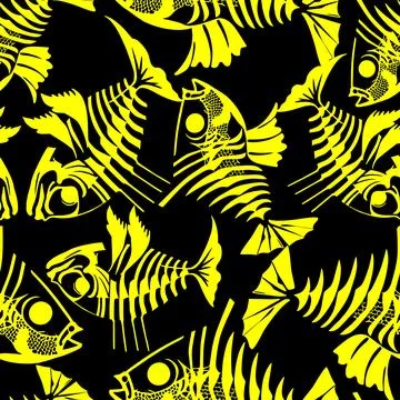Seamless pattern of yellow graphic fish skeletons on a black background, te.. Illustrazione stock