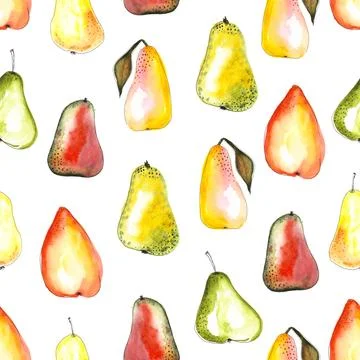 Seamless pattern of yellow green and red watercolor pears, hand painted Stock Illustration