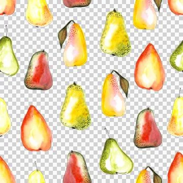 Seamless pattern of yellow green and red watercolor pears, hand painted on white Illustrazione stock