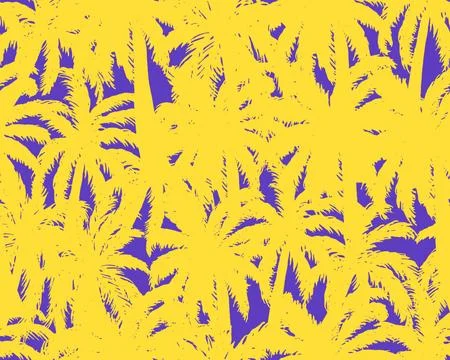Seamless pattern of yellow hand draw palm tree on blue background. Summer bac Stock Illustration