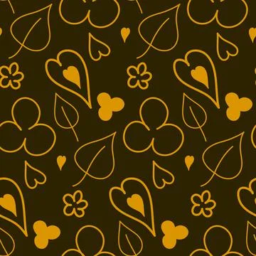 Seamless pattern yellow heart flower leaf on brown background Stock Illustration