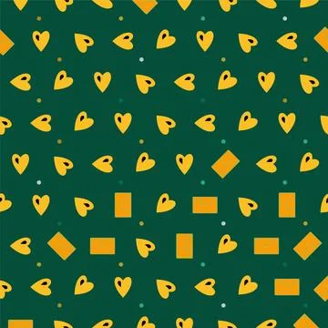 Seamless pattern with yellow hearts and envelopes on a dark green backgroun.. Stock Illustration