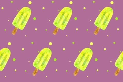 Seamless pattern with yellow ice cream on stick on pink board. Trendy design Stock Illustration