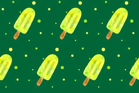 Seamless pattern with yellow ice cream on stick on green board Stock Illustration