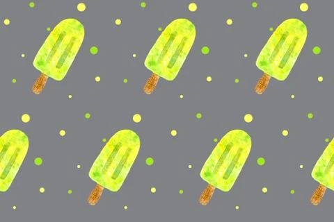 Seamless pattern with yellow ice cream on stick on grey board. Trendy hand drawn Stock Illustration