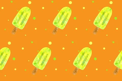 Seamless pattern with yellow ice cream on stick on orange board. Trendy hand  Stock Illustration