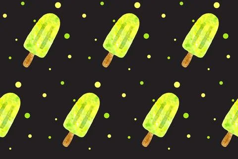 Seamless pattern with yellow ice cream on stick on black board. Trendy hand d Stock Illustration