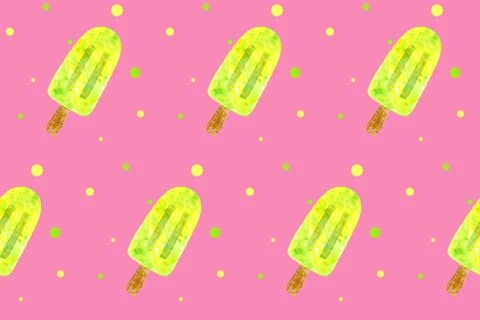 Seamless pattern with yellow ice cream on stick on pink board. Trendy hand drawn Stock Illustration