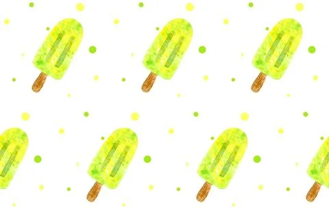 Seamless pattern with yellow ice cream on stick on white board. Trendy hand Stock Illustration