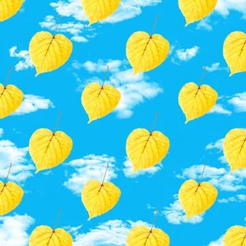 Seamless pattern of yellow leaves on blue sky with clouds Stock Photos