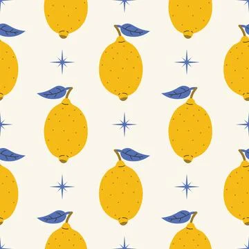 Seamless pattern with yellow lemon and star in cartoon flat style, arranged.. Stock Illustration