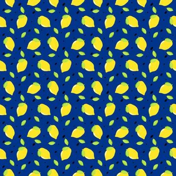 Seamless pattern yellow Lemon and leaves fruit on blue background.Bright of d Stock Photos