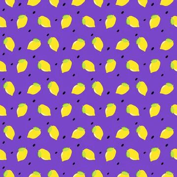 Seamless pattern yellow Lemon and leaves fruit on purple background.Bright of Stock Photos