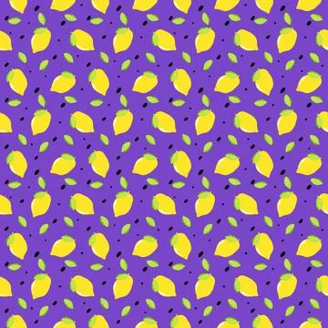 Seamless pattern yellow Lemon and leaves fruit on purple background.Bright of Foto stock